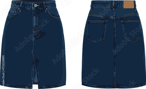 Fashion denim skirt front and back view vector illustration, high waist blue jeans clothing design with pockets, slit, casual style