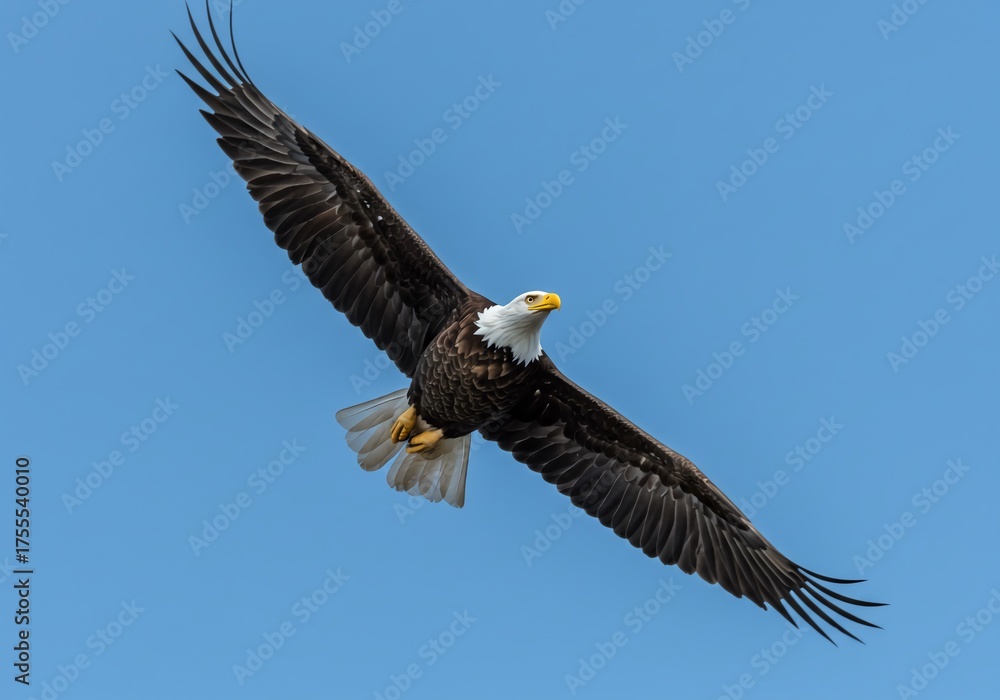 Naklejka premium Majestic bald eagle soars powerfully across a clear blue sky, embodying freedom and strength with its magnificent wings spread wide in a breathtaking aerial display.