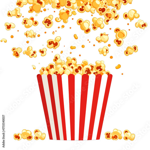 Festive Popcorn Illustration with Red and White Striped Bucket on White Background for Entertainment and Snack Theme