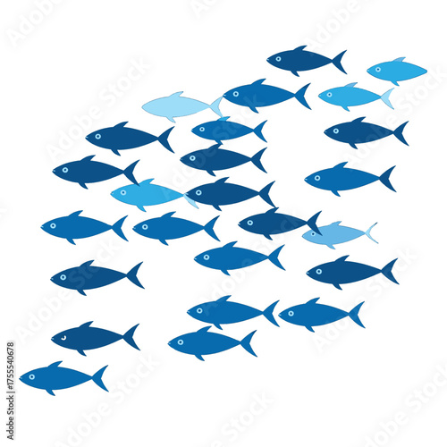 School of Blue Fish Swimming Together in Formation on White Background