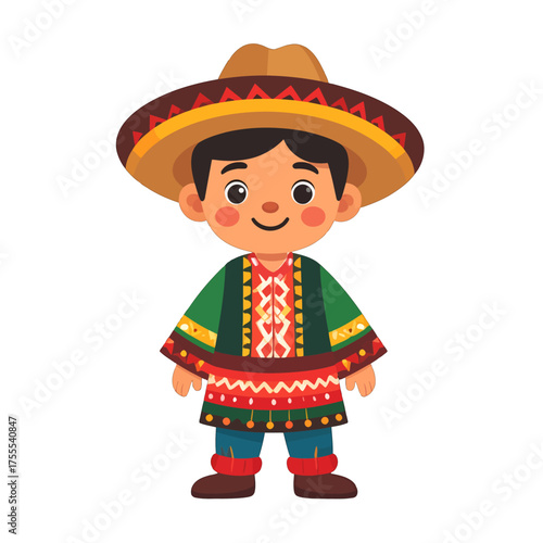 Cartoon Boy Wearing a Traditional Mexican Sombrero and Colorful Poncho with Intricate Patterns on a Plain White Background in Vector Illustration