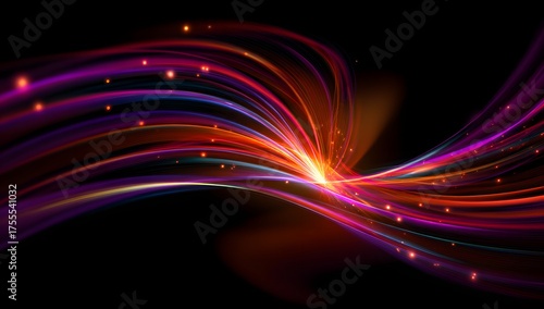 Vibrant swirling luminous energy trails with glowing particles creating an abstract futuristic light show on a dark background