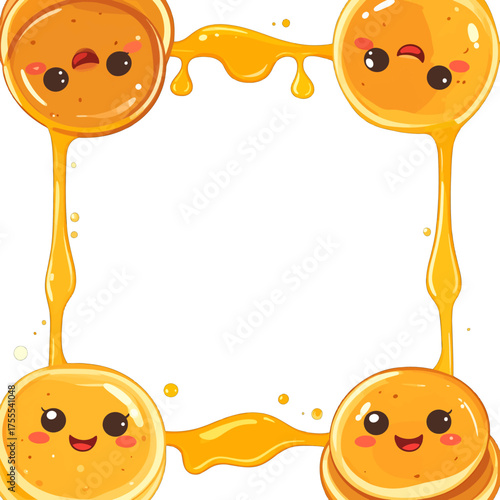 Whimsical Pancake Frame with Dripping Honey and Cheerful Faces on White Background