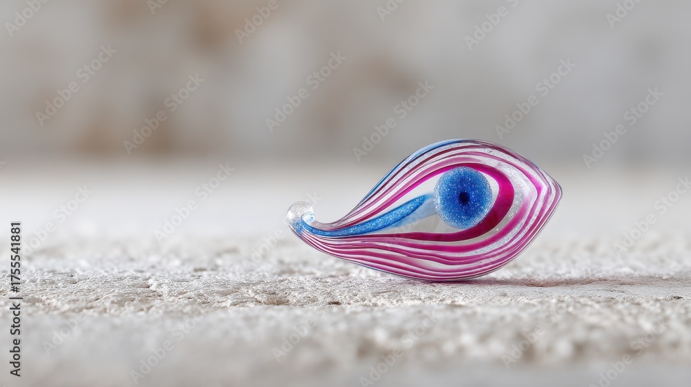 Obraz premium Colorful Glass Art Piece Featuring Swirling Patterns and Eye Design on a Cream Background with Soft Shadows and Subtle Texture