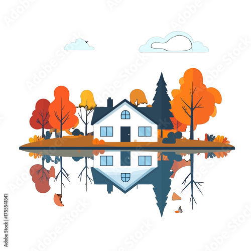Peaceful House Reflection with Autumnal Trees in Minimalist Pixel Art Style Under Cloudy Sky