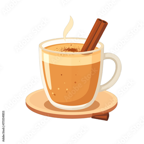 Pixel Art Illustration of Steaming Hot Beverage with Cinnamon Stick on Saucer Warm Tones Graphic Design Illustration for Holiday and Festive Season