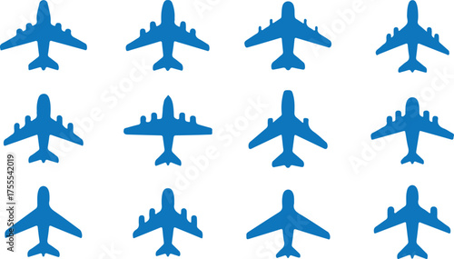 Plane Icons Set, Passenger Airliner Aircraft, Historical and Modern Airplanes, Top View Aviation Vector, Commercial Flight Symbols