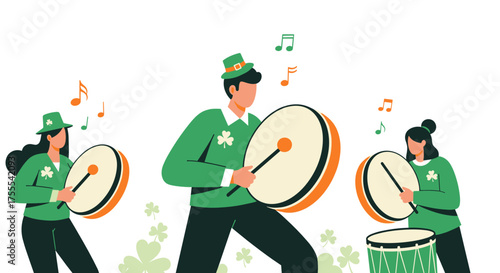 Irish drum performance with musicians in green outfits playing for St. Patrick's Day celebration