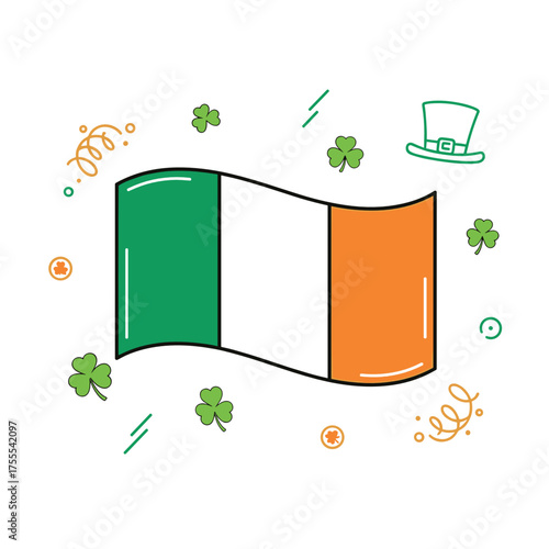 Irish flag with leprechaun hat and shamrocks for festive St. Patrick's Day celebration