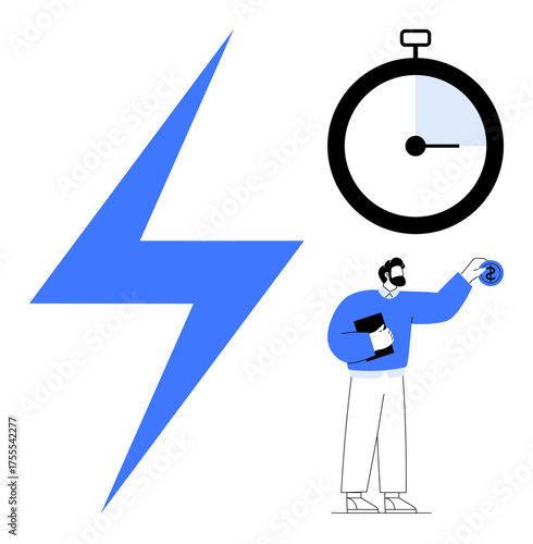 Lightning bolt, stopwatch for speed and efficiency, and a professional holding currency highlight productivity. Ideal for time management, business growth, speed, efficiency, savings, innovation