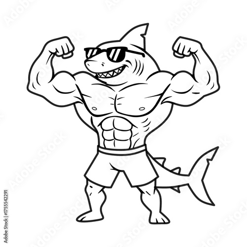 Vector cartoon muscular shark, cartoon shark superhero