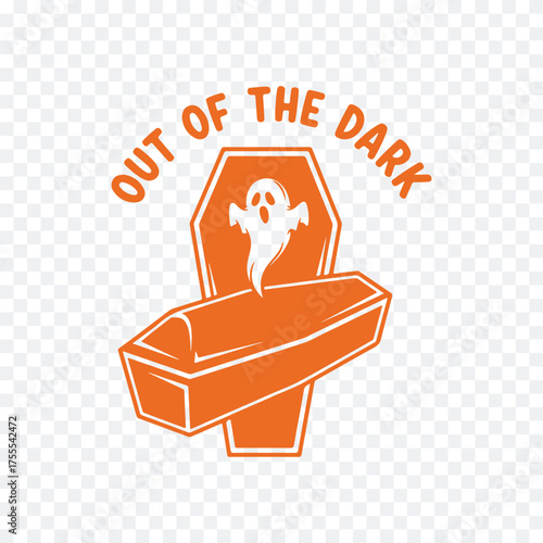 A Halloween graphic featuring a ghost emerging from a coffin with bold text 'Out of the Dark' in orange, set on white.