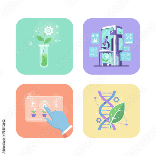 Biotechnology and plant science research icon set showing genetic engineering and modern agricultural technology and concepts for innovation
