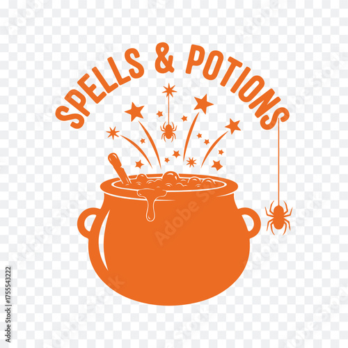 A vintage-style logo featuring a cauldron with bubbling potion, stars, and a spider, perfect for magic-themed branding.