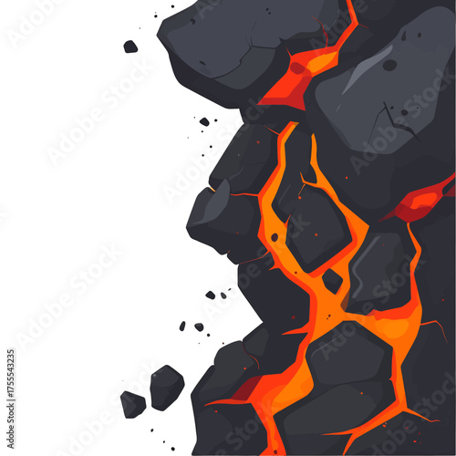 Pixel Art Illustration of Dark Gray Rocks with Molten Lava Streams on White Background Creating an Abstract Volcanic Texture for Game Design Element