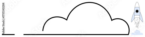 Rocket ascending on the right, large cloud arching across the middle. Ideal for success, innovation, startup, growth, exploration, ambition creativity. Perfect simple flat metaphor