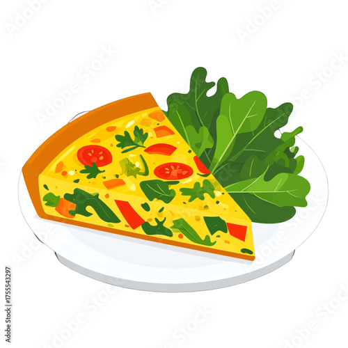 Slice of Yellow Quiche on White Plate with Green Salad Illustration