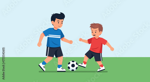 Two boys playing soccer together in a green field with a light blue background