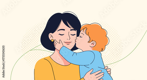 Toddler kissing mother, sharing love and joy, in a tender and colorful illustration copy space