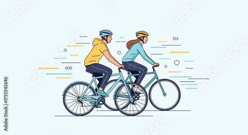 two friends biking together with excitement in a dynamic and colorful background copy space