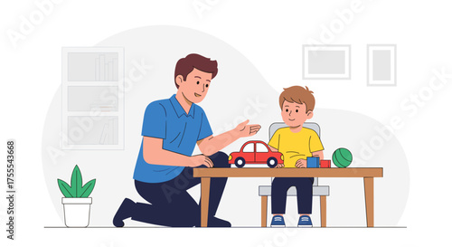 Father in playful mood teaching son with toys at home in a cozy indoor environment