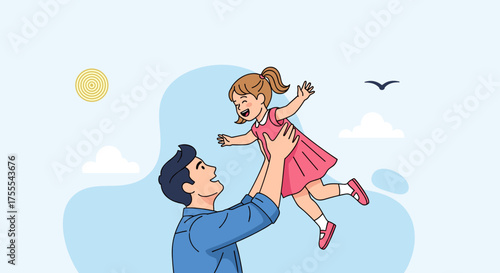 father joyfully lifting daughter in the air with love in a bright outdoor setting 