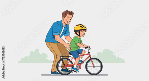 father assisting son in riding a bicycle confidently with joy in a neutral background 