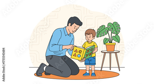 father teaching son letters from a book with care in a cozy indoor environment 