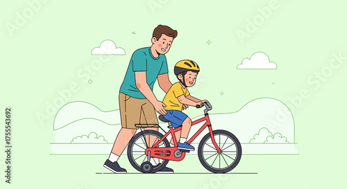 father helping son learn to ride a bicycle with joy in a bright outdoor setting copy space