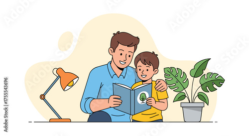 father and son enjoying reading a book together with happiness in a cozy indoor setting copy space