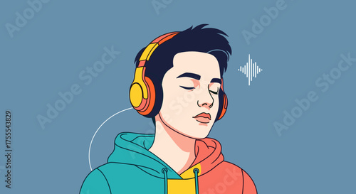Young man enjoying music with headphones in a colorful and stylish illustration