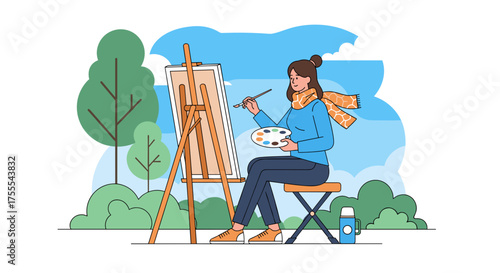 Woman painting outdoors with an easel in a vibrant and inspiring environment