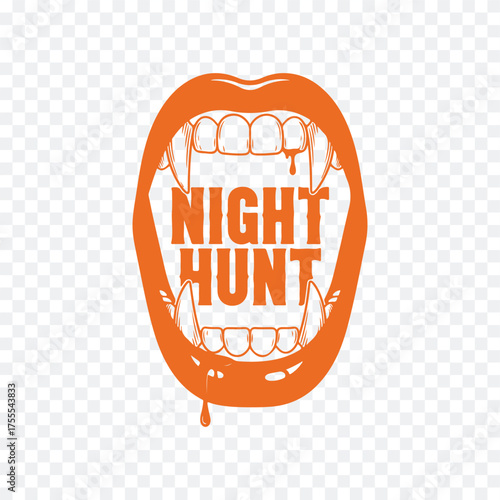 A striking vintage-style logo featuring an open mouth with sharp teeth and the text 'NIGHT HUNT' in bold orange.