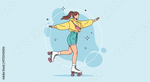 Young woman roller skating joyfully in a colorful and playful illustration