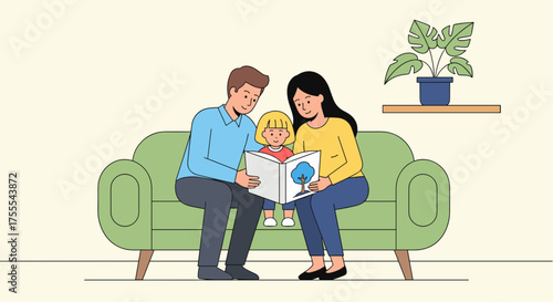 Family reading together on a couch in a heartwarming illustration
