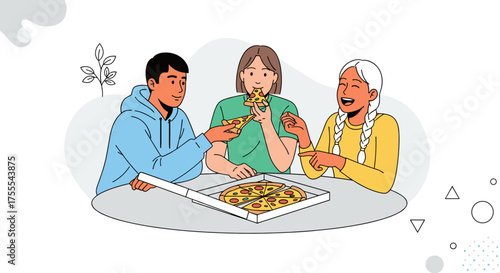Friends sharing a pizza and enjoying a cheerful moment together in a fun illustration