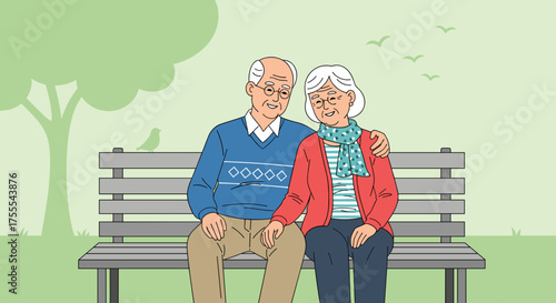 Elderly couple enjoying a moment together on a park bench in a heartwarming illustration