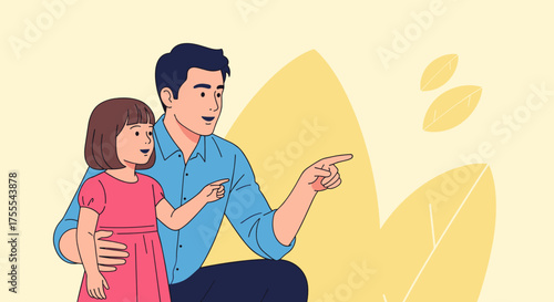 Father and daughter joyfully exploring nature together in a cheerful illustration