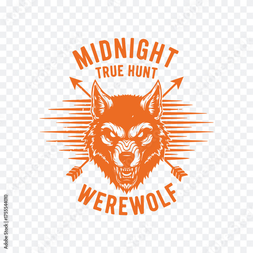 Stylized werewolf logo with text 'Midnight True Hunt Werewolf' in orange, featuring a fierce wolf head and arrows.