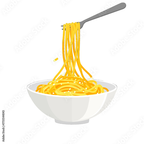 Digital Illustration of Golden Noodles Lifted by a Fork Above a White Bowl on White Background