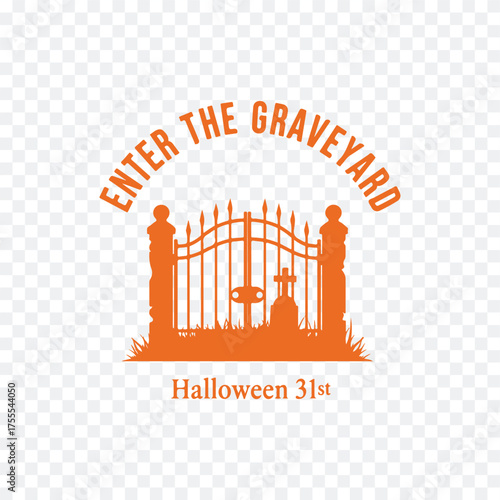 A Halloween-themed graveyard entrance sign with an orange gate and spooky text, perfect for festive decorations.