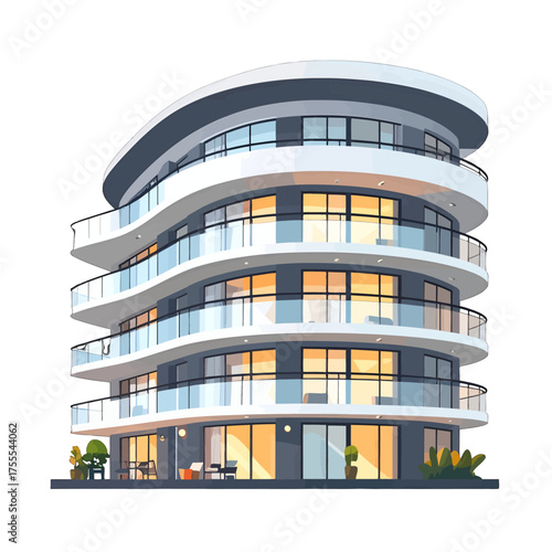 Pixel Art Style Building with Curved Balconies and Warm Interior Lighting on White Background