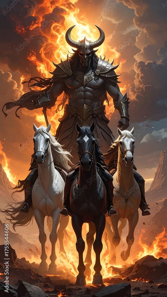 Fototapeta premium A colossal horned warrior, armor-clad, presides over three horses riding through fire and smoke. An ominous figure against a fiery backdrop