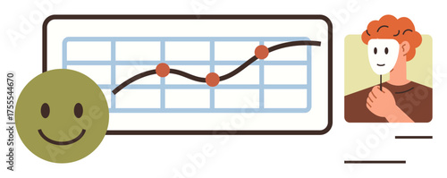 happy face beside a data trend line chart with points, person holding mask silhouette. Ideal for psychology, analytics, identity, self-expression, behavior, wellness performance. Simple flat
