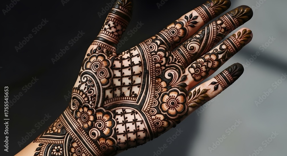 Fototapeta premium Intricate Traditional Henna Design Adorning Palm and Fingers with Floral Motifs and Detailed Patterns for Cultural Celebrations and Artistic Expression