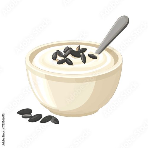Bowl of Creamy White Yogurt Topped with Black Seeds and Silver Spoon Breakfast Still Life Illustration