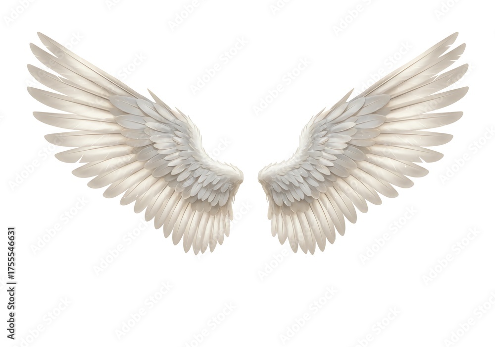 Naklejka premium Stunning ethereal white angel wings spread wide, showcasing delicate feathers and a soft luminous glow, perfect for fantasy, spirituality, and angelic themes.