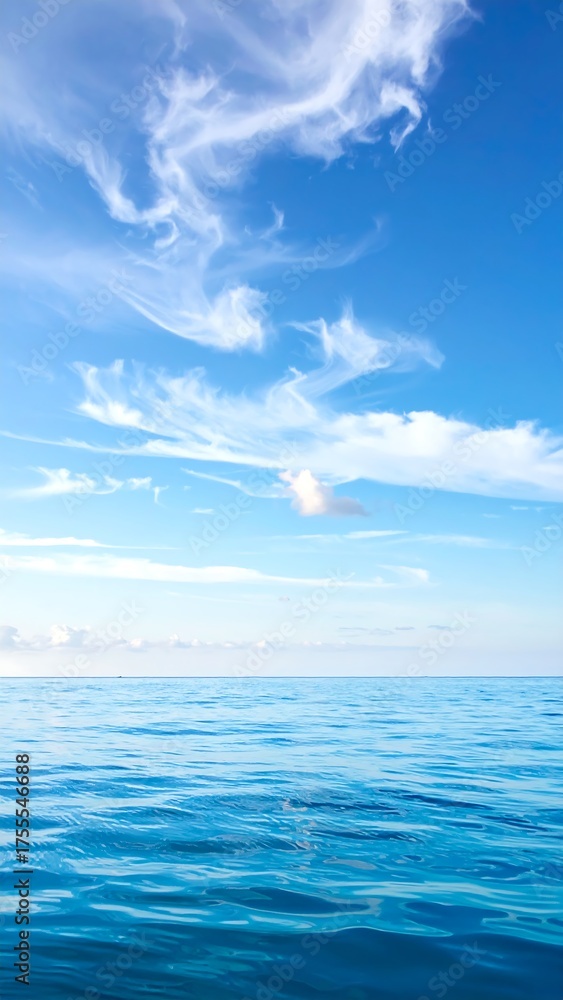 Obraz premium Tranquil ocean surface under a clear, azure sky with wispy clouds. The horizon is distinct