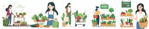 vector of woman shopping for fresh vegetables