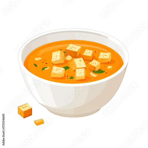 Tomato Soup with Croutons in White Bowl on Isolated Background